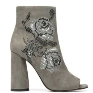 Donald Pliner Floral Embellished Peep Toe Suede Booties Grey Size 9.5